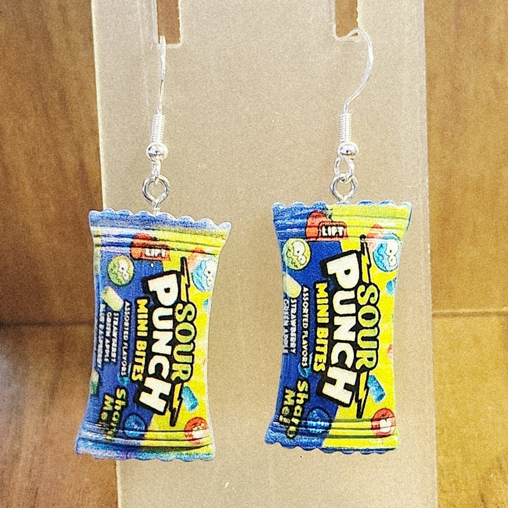 Sour Punch Mini Bites Candy Bag Dangle Earrings Kitschy Novelty Food Jewelry